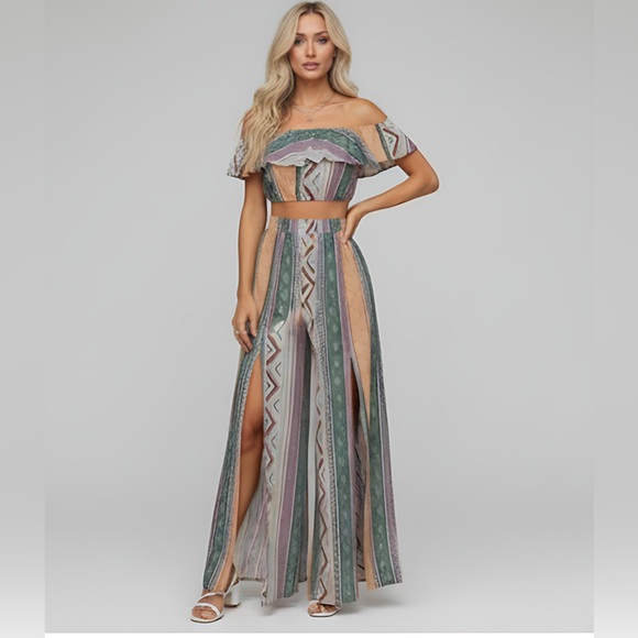 Boho Flounce Off Shoulder Geo Top & Split Thigh Pants Set - Picture 3 of 8